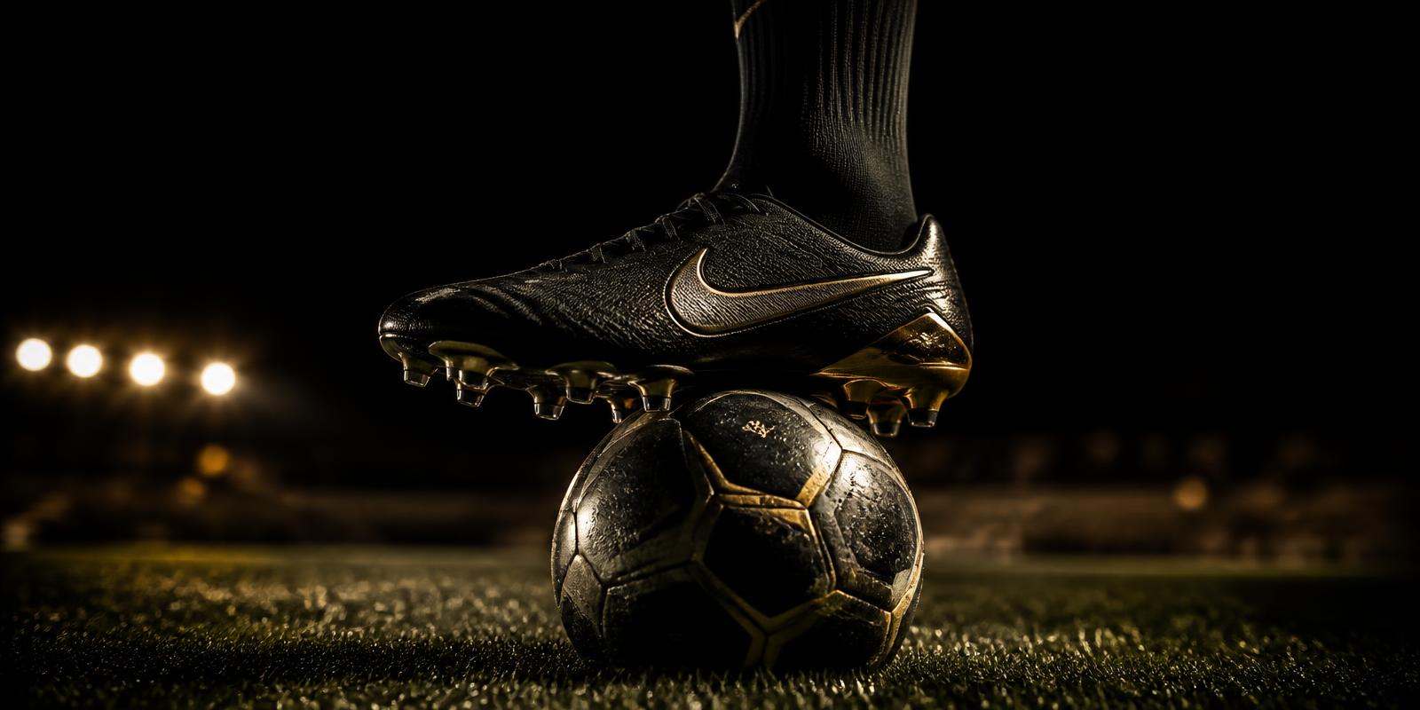 Cinematic close-up of a football boot resting on a football under stadium lights