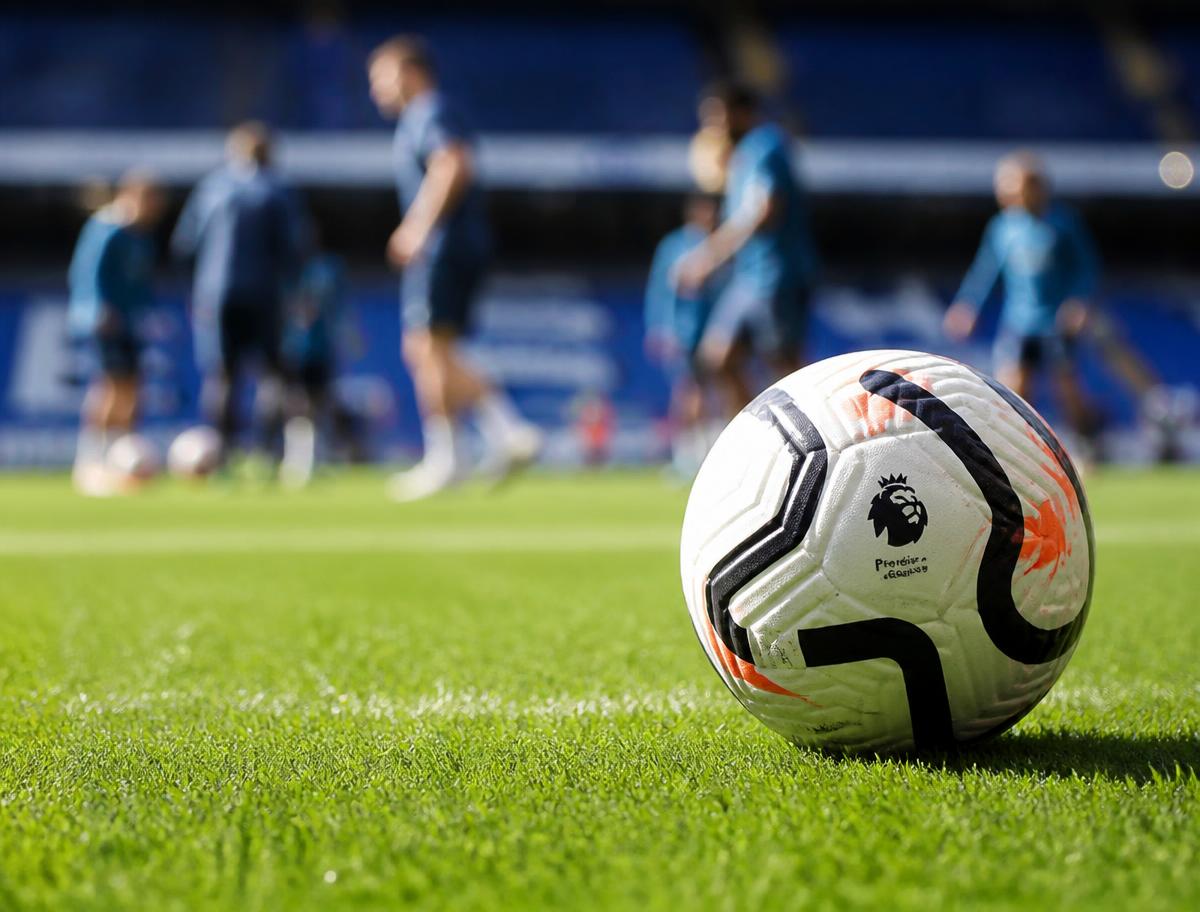 A football resting on a stadium pitch with professional players training behind